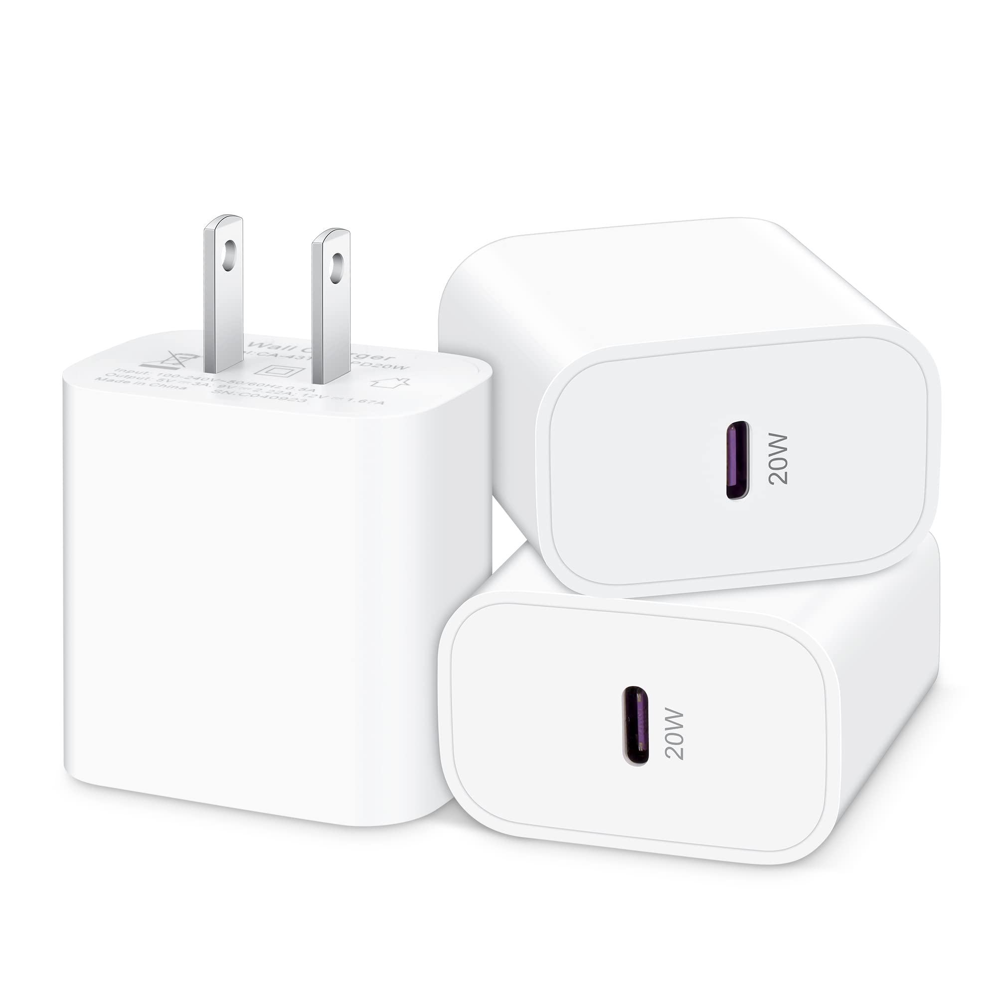 USB C Fast Charger Block for iPhone/iPad, 3Pack 20W Fast Plug Charging Block for iPhone 14/13/12/11/XS/XR/X, iPad Pro, AirPods Pro, Pixel 7/6/5, Samsung S23/S22/S21, USB C Wall Charger Power Adapter